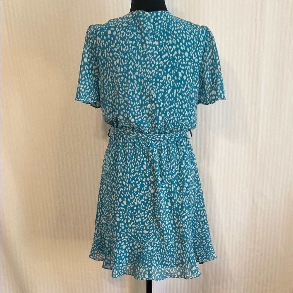 Romantic Flowy Dress Turquoise Blue and White Ruffled Brunch V-Neck Dress Small - Picture 8 of 10